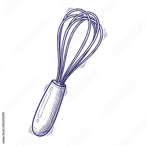 Hand drawn illustration of a kitchen whisk with a long handle and multiple wires for mixing and blending food ingredients