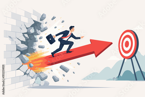 Businessman Riding a Red Arrow Breaking Through a Brick Wall Towards a Target Bullseye, Concept of Achieving Goals, Overcoming Obstacles, Business Success, Breakthrough, and Strategic Growth.