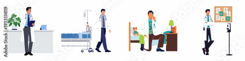 Doctors in diverse medical settings, illustrating various aspects of patient care, hospital duties, and professional consultations.