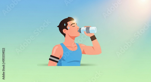 Man drinking water from a bottle during fitness exercise outdoors in sunny weather