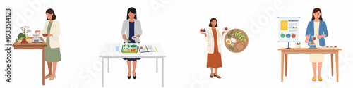 Women engaging in nutrition planning, healthy meal preparation, food portioning, and diet education, depicting a holistic approach to wellness and mindful eating.