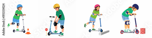 Children enjoying scooter rides, practicing safety with helmets and protective gear, navigating cones and obstacles. Fun and active outdoor play for kids.
