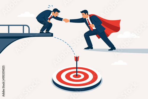Superhero businessman with red cape helping an anxious colleague on a diving board to reach a target bullseye, concept of leadership, mentorship, support, and overcoming professional challenges.