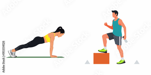 Woman doing plank and man doing step-ups, illustrating fitness workouts, strength training, and active healthy lifestyles.