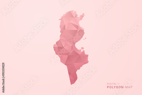 Tunisia Map - Polygon Style Vector Illustration in Soft Pink Valentine Theme, Low Poly Geometric Design, Isolated on Pastel Background.