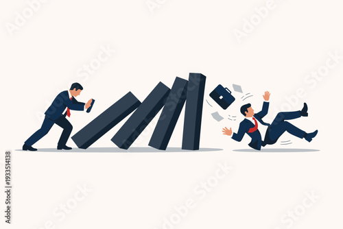 Businessman Pushing Large Dominoes to Cause a Chain Reaction and Collapse onto a Rival Colleague, Business Disruption, Corporate Sabotage, Risk Management, and Crisis Concept Vector Illustration.