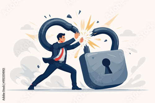 Business concept of liberation and overcoming difficulties metaphor with motivated strong businessman breaking a giant padlock with bare hands to achieve freedom and success vector illustration.