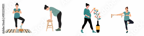 Collection of pregnant women performing gentle exercises, yoga, and mindful activities for well-being and health during maternity, illustrating prenatal care.