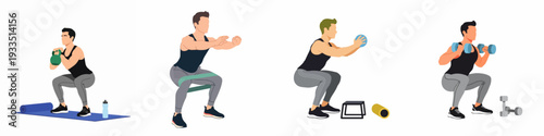 Men performing various squat exercises with different fitness equipment like kettlebells, resistance bands, medicine balls, and dumbbells for strength training and leg workouts.