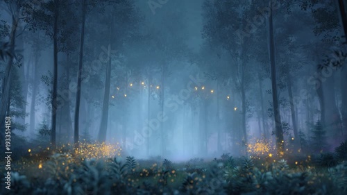 Mystical forest foggy woodland fantasy landscape in blue mist with firefly light and glowing insect night scene dreamy atmosphere magical nature enchanted clearing ethereal misty fairytale scene