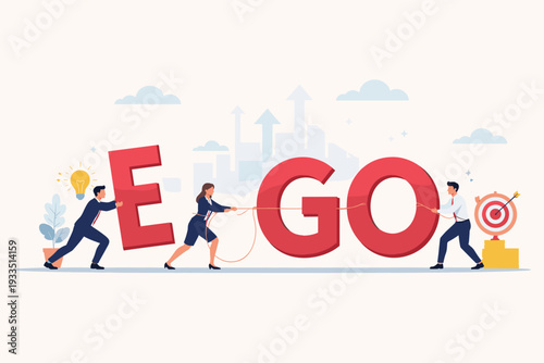 Business team transforming the word EGO into GO to achieve success. Concept of teamwork, leadership, and motivation to reach goals. Vector illustration of professionals pushing and pulling text.