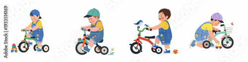 Adorable toddlers in overalls enjoying various outdoor activities with their tricycles, interacting with nature and toys in vibrant illustrations.