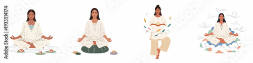 Diverse women find tranquility through meditation, embodying spiritual peace, wellness, and mindful living in a harmonious collection.