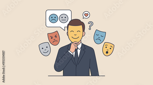 Businessman Holding a Smiling Mask Over His Face to Hide True Emotions, Concept of Social Mask, Hypocrisy, Emotional Intelligence, Mental Health, and Professional Persona Vector Illustration.