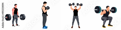 Collection of vector illustrations depicting a man performing key weightlifting exercises: deadlift, bicep curl, overhead press, and squat for muscle building and fitness.