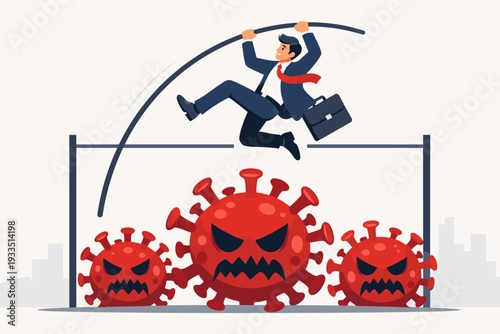 Businessman in Suit Pole Vaulting Over Coronavirus Obstacles and Hurdles, Concept of Business Recovery, Financial Success, and Leadership Overcoming Economic Crisis During COVID-19 Pandemic