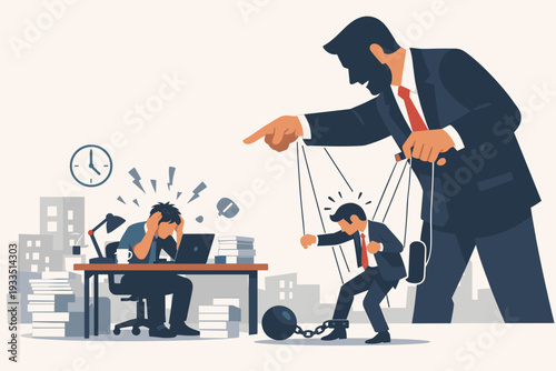 Toxic workplace environment with giant boss manipulating employees like puppets on strings and chains. Overworked man at desk suffering from burnout, high pressure, and strict management control.
