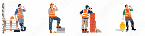 Construction Workers Hydrating: Diverse Professionals Taking Breaks on Job Sites with Safety Gear and Building Tools