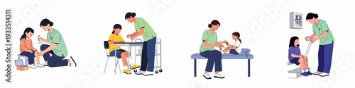 Healthcare professional providing first aid to children for minor injuries in various settings, showcasing care and medical attention.