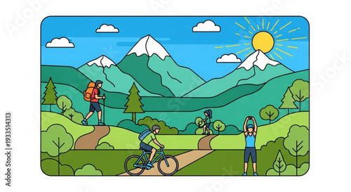 People hiking and biking on a scenic mountain trail with a sunny sky and snow capped peaks in the background