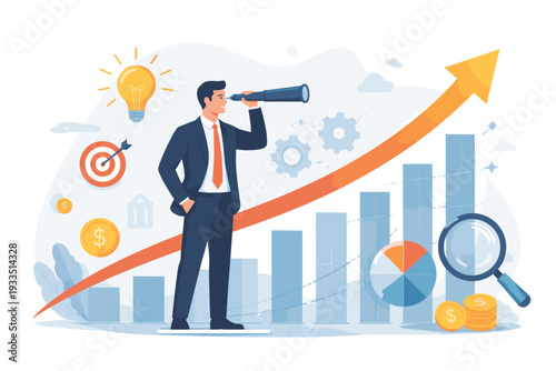Businessman with Telescope Looking for Future Investment Opportunities and Market Trends; Concept of Financial Growth, Economic Forecasting, Business Strategy, Success, and Data Analysis Charts.