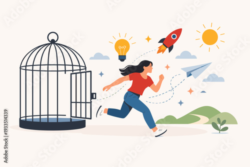 Woman Running Out of an Open Cage Symbolizing Freedom and New Life Opportunities, Feeling Confident and Full of Energy, Breaking Free from Limitations, Vector Illustration of Personal Growth