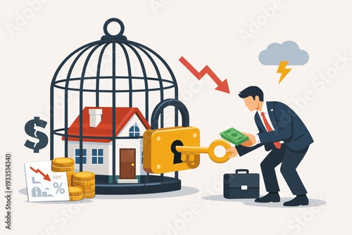 Businessman Unlocking a House in a Cage Representing Real Estate Crisis, Financial Debt, and Housing Market Problems with Money and Key, Economic Downturn and Mortgage Struggle Vector Art