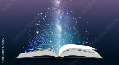 Open book with glowing blue spiral galaxy and constellation lines emerging symbolizing knowledge and astronomy