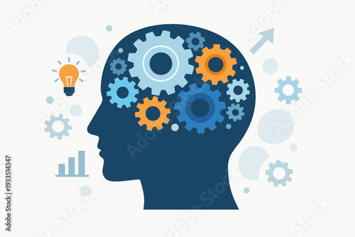 Human head silhouette with gear wheels inside representing productivity, effectiveness, intelligence, and knowledge development. Concept of mental process, brainstorming, and creative innovation.