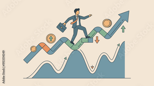 Businessman walking on a rising arrow graph with fluctuations, representing investment volatility, financial stock market growth, and economic success despite market ups and downs. Concept art.
