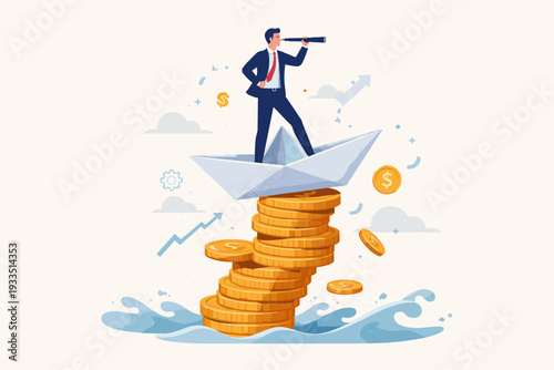Businessman leader standing on a paper boat atop a stack of gold coins in the ocean, looking through a telescope to navigate financial challenges and find future investment opportunities.