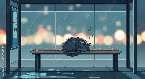 Lonely person sitting on a bench in a rainy bus stop with a cityscape background at night