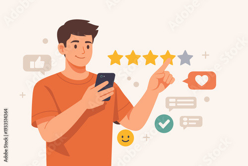 Young Man Giving Online Star Rating with Smartphone, Customer Review and Feedback Concept, User Experience Satisfaction, Mobile App Service Evaluation, Flat Vector Illustration for Business Marketing