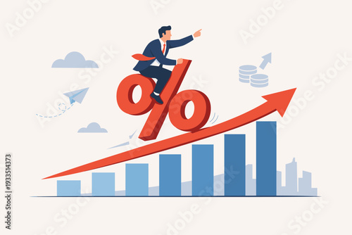 Businessman Riding a Large Red Percentage Symbol Upward on a Rising Growth Bar Graph Arrow, Concept for High Interest Rates, Financial Investment Success, Economic Inflation, and Market Profits.