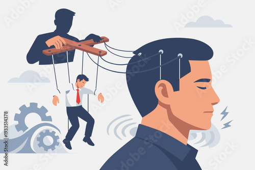 Manipulator Concept Vector Illustration of a Puppet Master Controlling a Businessman and a Man's Mind with Strings, Representing Psychological Influence, Domination, and Mental Exploitation