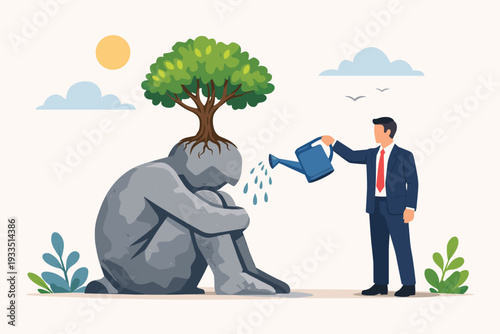 Mental health care and psychological therapy concept with businessman watering a tree growing on a stone person. Symbol of support, healing, growth, and resilience against depression and burnout.