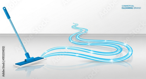 Mop with glowing blue cleaning trail on shiny floor efficient household cleaning concept