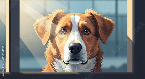 Brown and white dog looking through a window with a curious expression on its face indoors