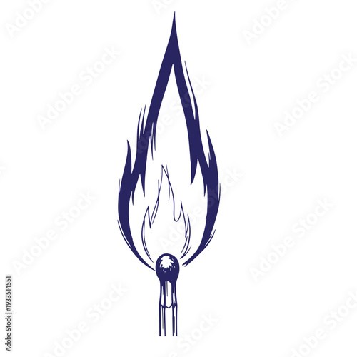 navy blue flame icon with matchstick  simple illustration of fire symbol
