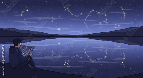 Man sitting by serene lake at night reading map under starry sky with constellations