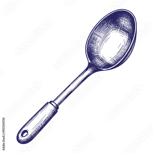 Sketch of a blue slotted spoon with handle on white background  kitchen utensil for cooking and serving