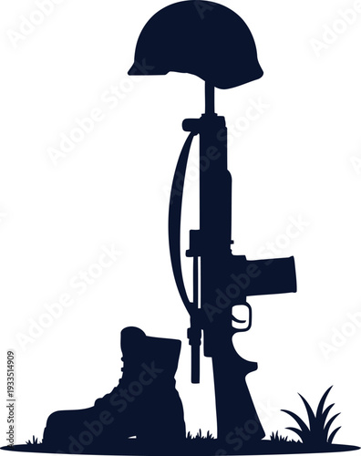 Memorial silhouette of a soldiers boot helmet and rifle  solemn tribute to fallen soldiers