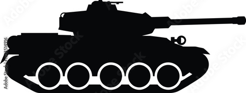 Silhouette of a military tank with long gun barrel and tracks on transparent background