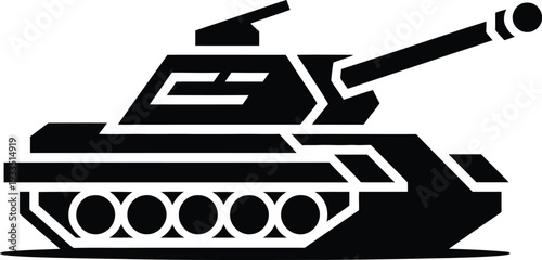 Simple black and white illustration of a military tank vehicle with cannon  isolated on transparent background