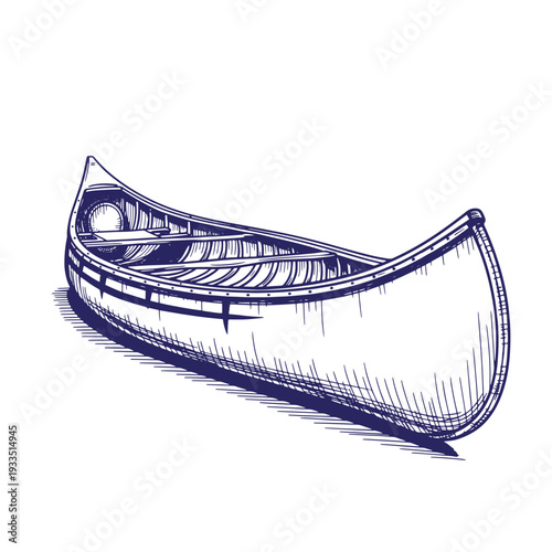 Vintage canoe boat illustration in blue ink on white background for design and decoration purposes  traditional watercraft