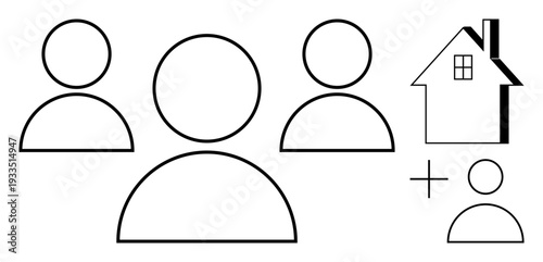 Community building, teamwork, housing solutions, social connections, real estate, family concepts. Outline of three people and a house with a plus sign. Community building and housing solutions