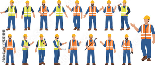 Construction workers character set, builders in safety helmets and reflective vests with tools flat vector illustration collection