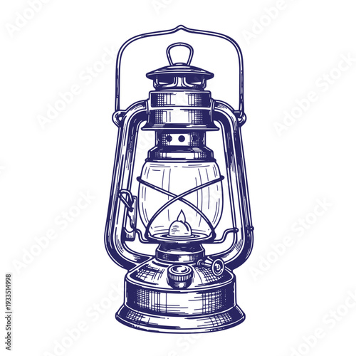 Vintage kerosene lantern with handle and glass chimney  old fashioned oil lamp with metal base and flame  antique lighting device