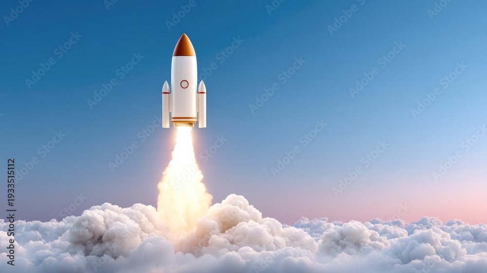 Naklejka premium Futuristic Rocket Launching into Clear Blue Sky Over Fluffy White Clouds with Bright Flames and Orange Nose Cone