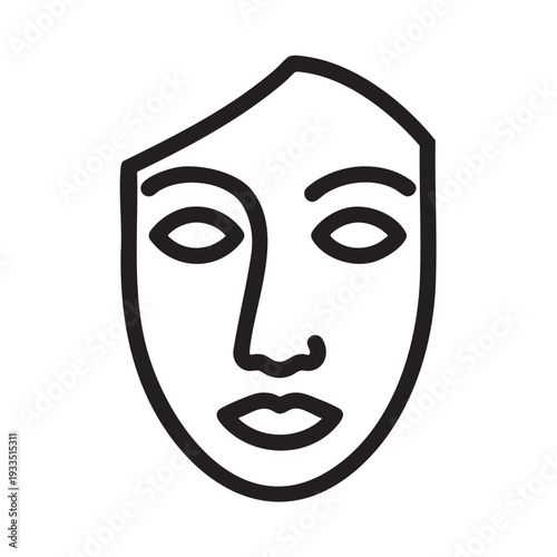 A minimalist illustration of a face wearing a mask viewed from the front in a neutral environment